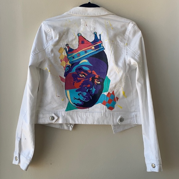 Wax Jean Jackets & Blazers - Hand painted Biggie white denim jacket